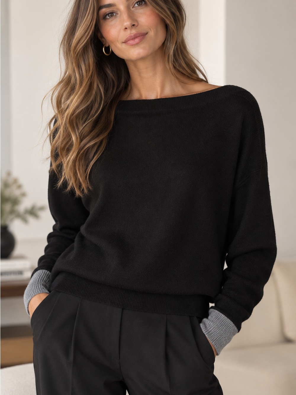 BCBG 100% Cashmere Black Boat neck Sweater with Gray Cuff Detail